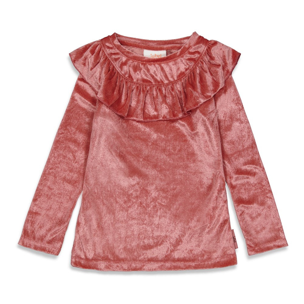 Meisjes Longsleeve ruches - Red Velvet Circus van Jubel in de kleur Berry in maat 140.