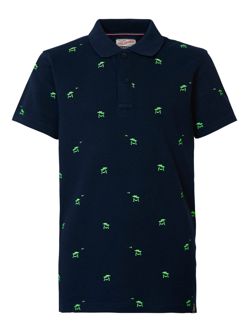Jongens Polo korte mouw AOP palmtrees van Petrol in de kleur Dark Navy in maat 176.
