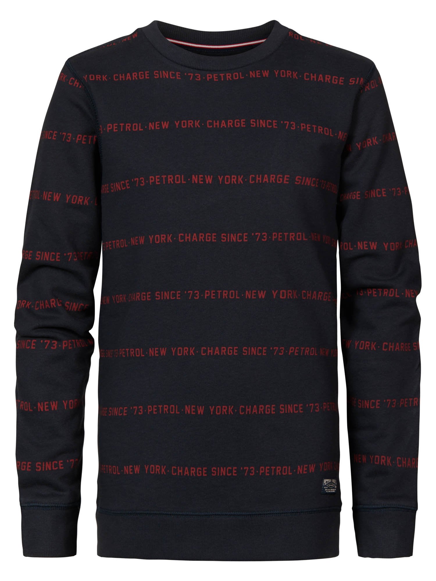 Jongens Sweater Crewneck with Text Allover van Petrol in de kleur Dark Navy in maat 164.