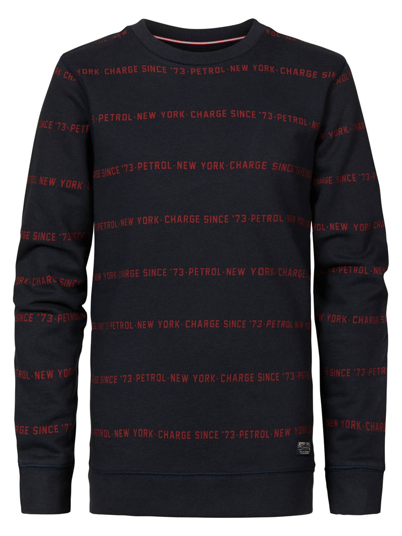 Jongens Sweater Crewneck with Text Allover van Petrol in de kleur Dark Navy in maat 164.