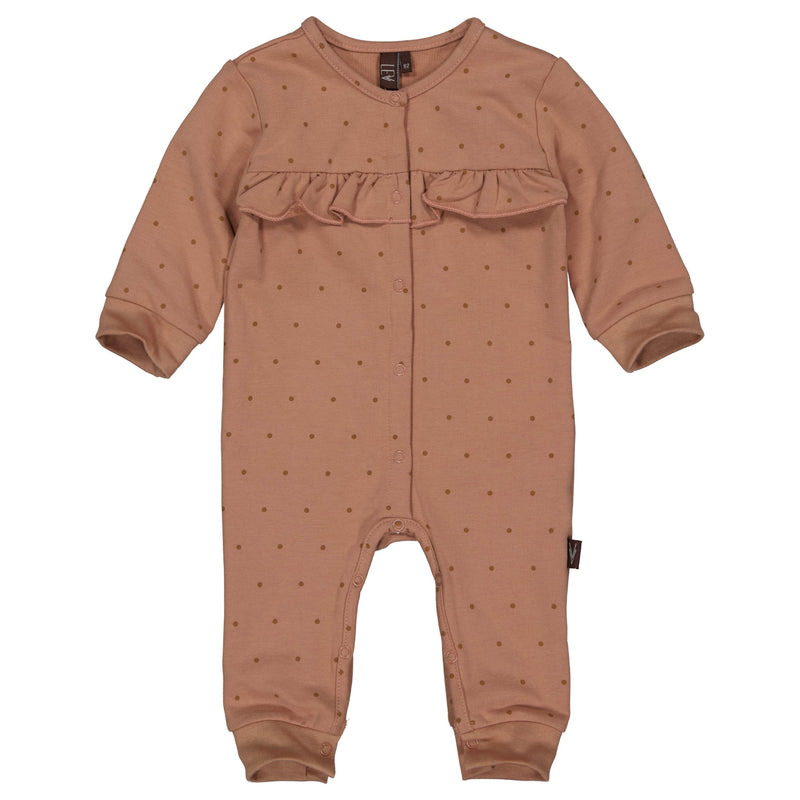 s Playsuit Chloe NBW21 van Levv Newborn in de kleur AOP Brown Dusty Dot in maat 74.