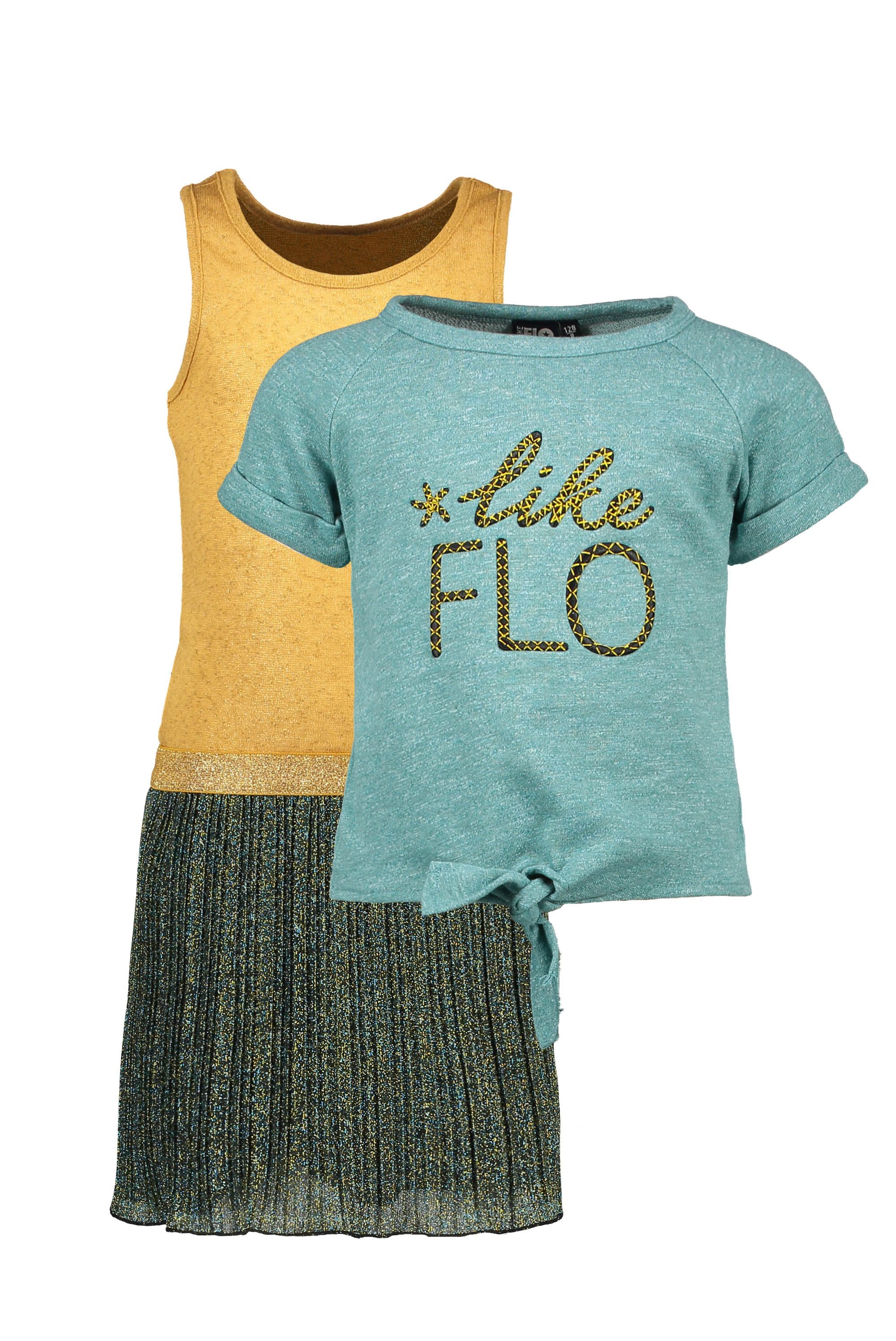 Meisjes Flo girls 2pc lurex plisse dress with sweat melee top van Flo in de kleur Ocean in maat 140.
