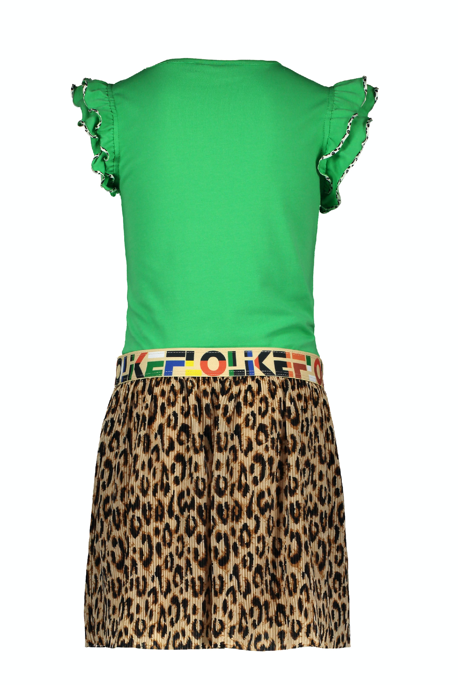 Meisjes Flo girls green dress with AO panter plisse skirt van Flo in de kleur Green in maat 152.