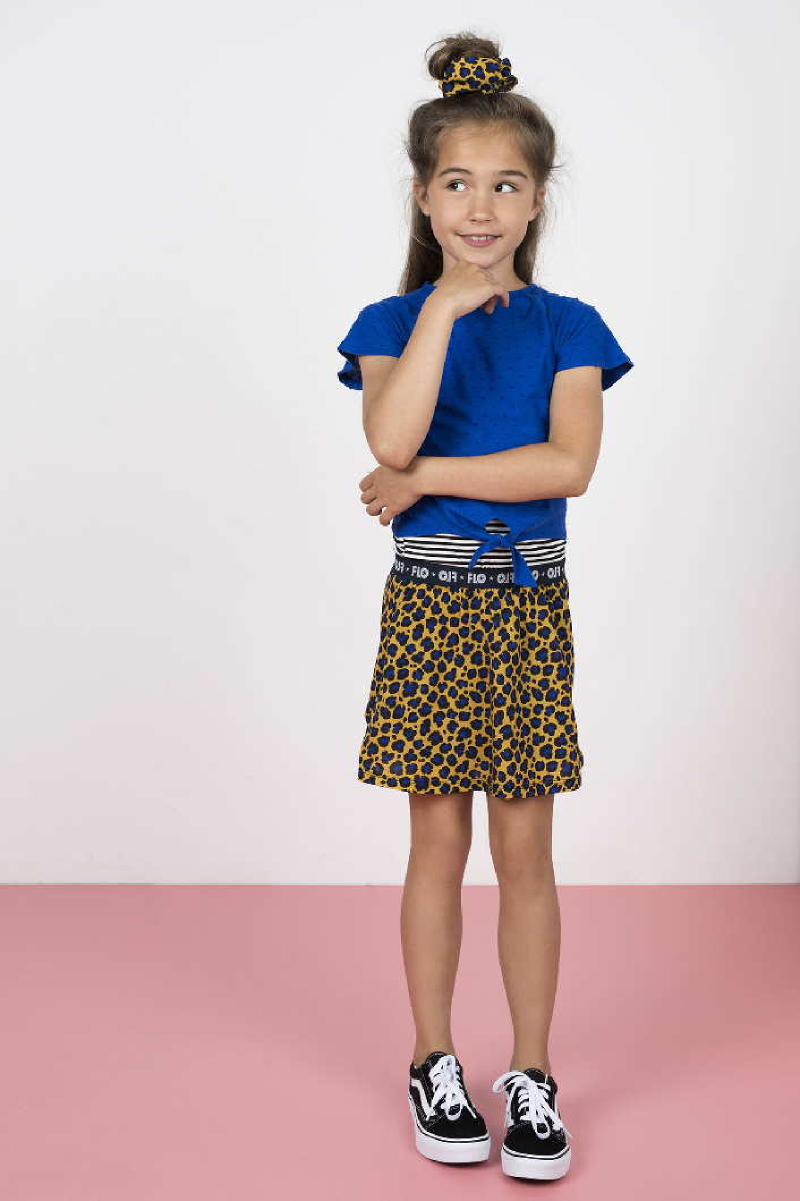 Meisjes Flo girls 2pc viscose dot dress with AO panter skirt and knotted stripe tee van Flo in de kleur Cobalt in maat 152.