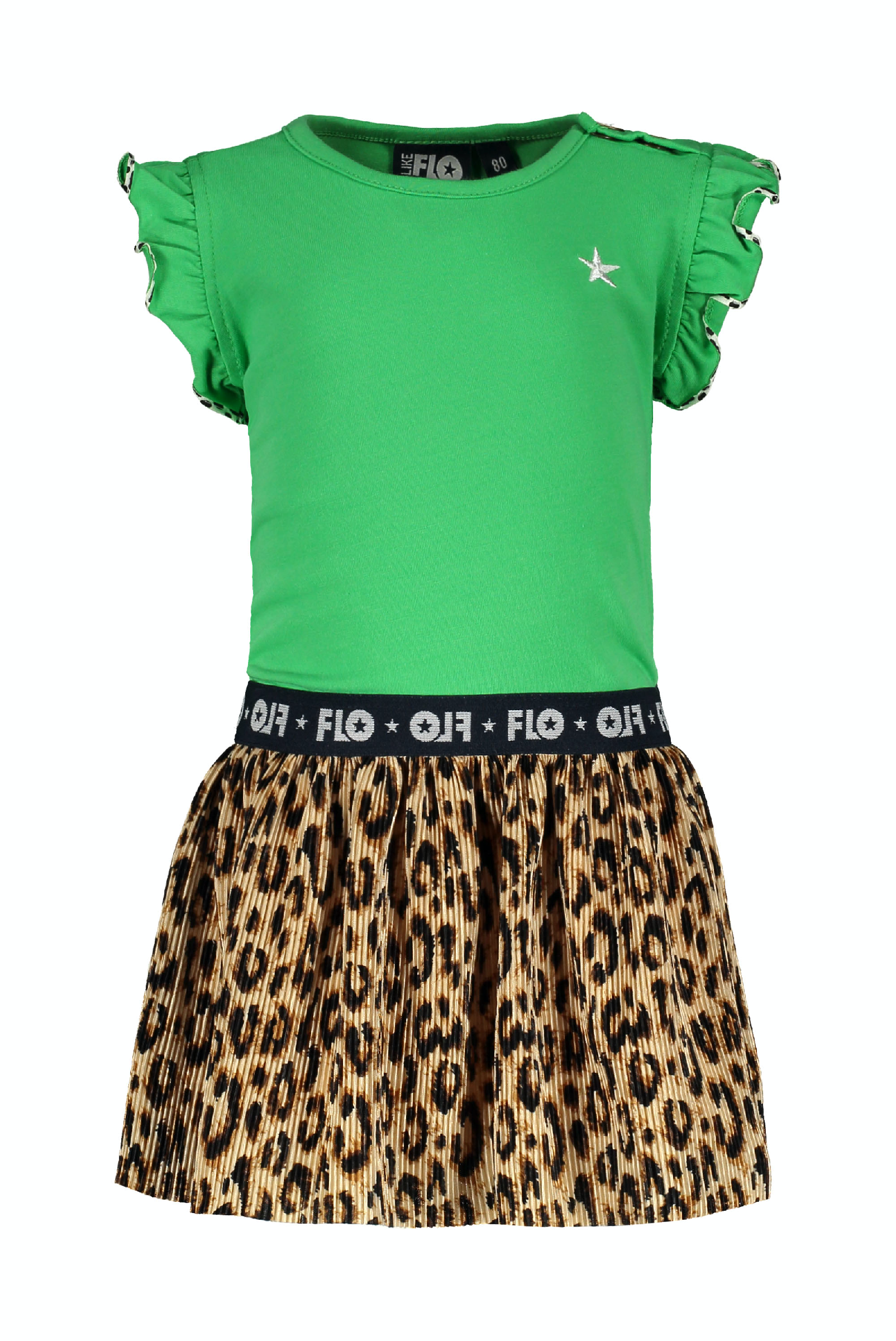 Meisjes Flo baby girls ruffle jersey dress with panter plisse skirt van Flo in de kleur Green in maat 92.