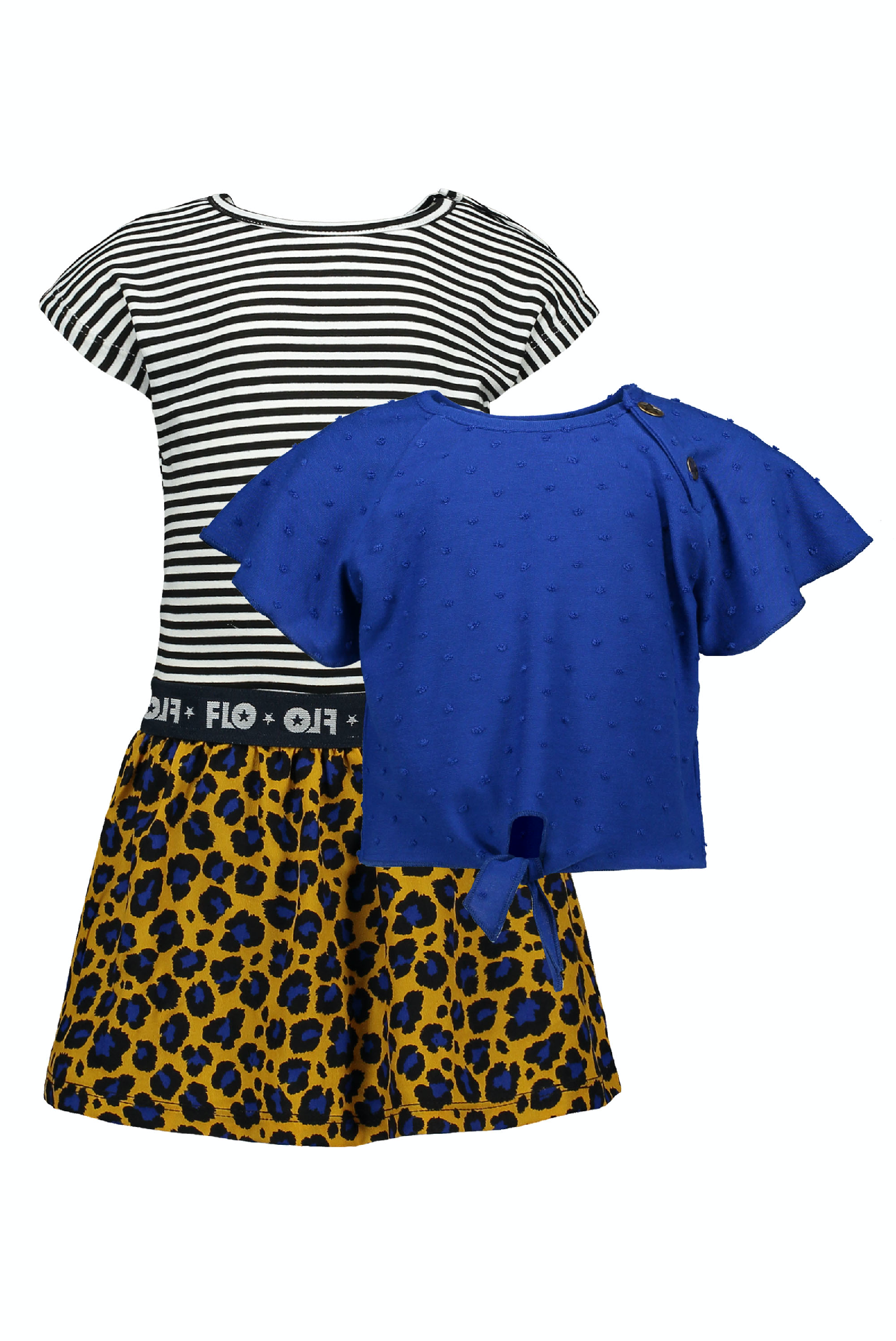Meisjes Flo baby girls 2pc viscose dot dress with AO panter skirt and knotted stripe tee van Flo in de kleur Cobalt in maat 92.