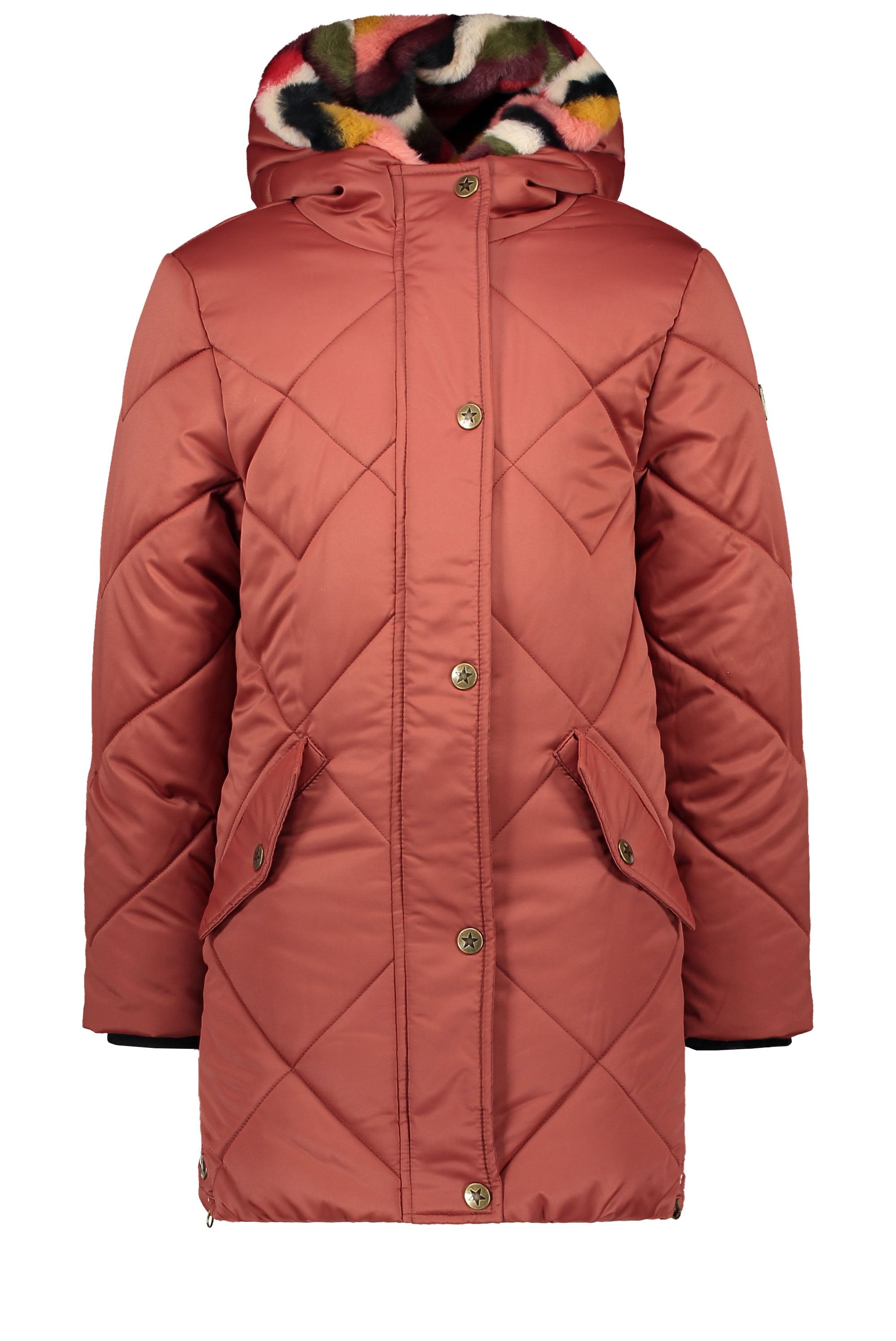 Meisjes Flo girls long hooded jacket, check quilting van Flo in de kleur Rust in maat 152.