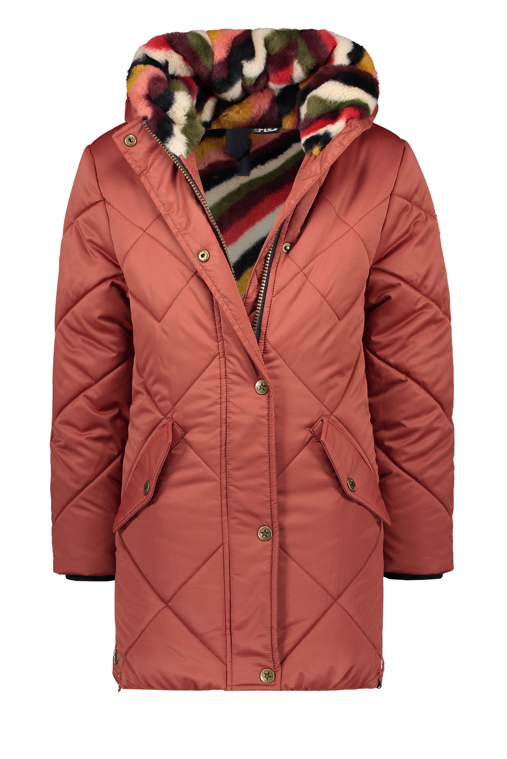 Meisjes Flo girls long hooded jacket, check quilting van Flo in de kleur Rust in maat 152.