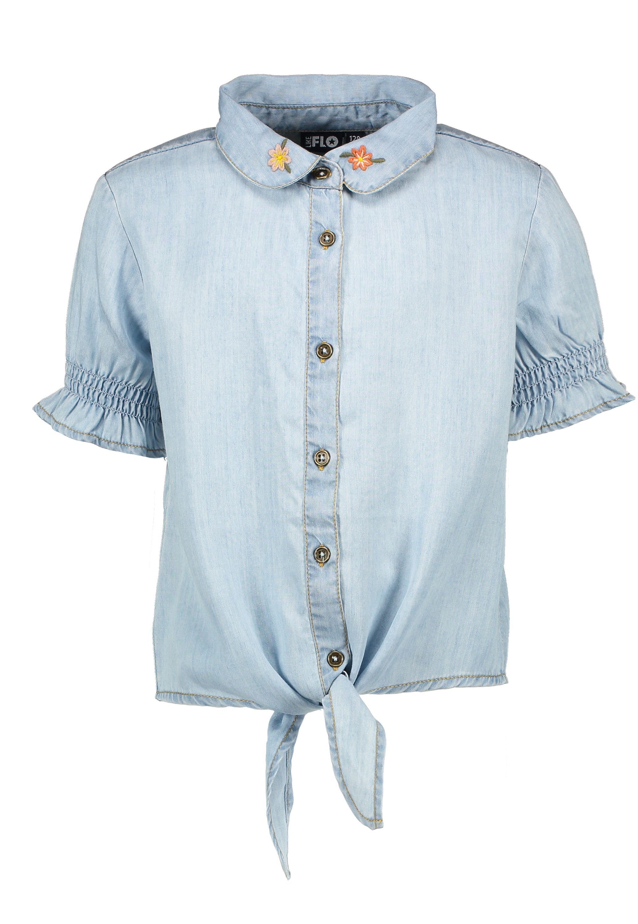 Meisjes Flo girls light denim ss knotted blouse van Like Flo in de kleur Light Blue in maat 152.