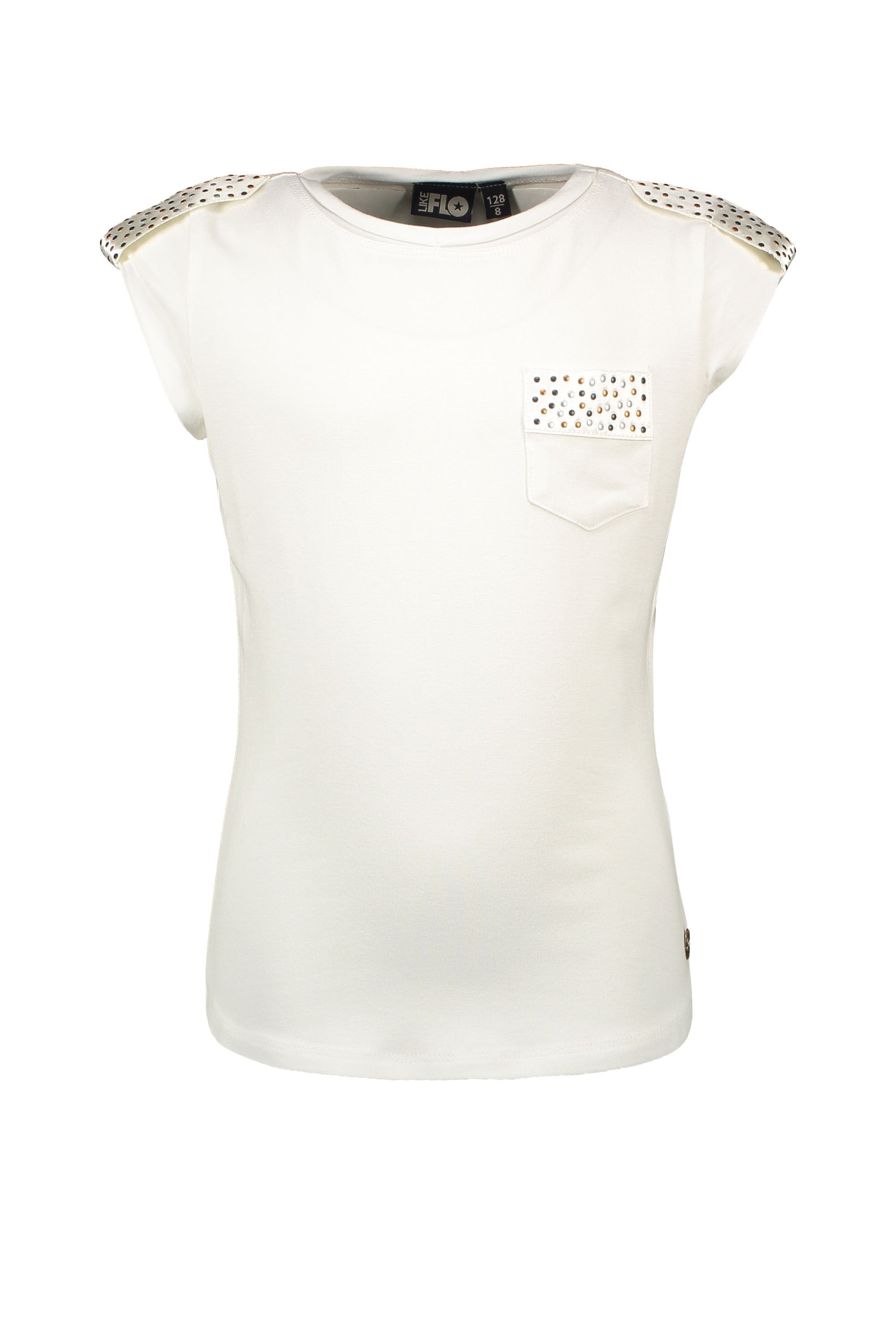 Meisjes Flo girls viscose jersey top with fancy studs van Like Flo in de kleur Off white in maat 152.