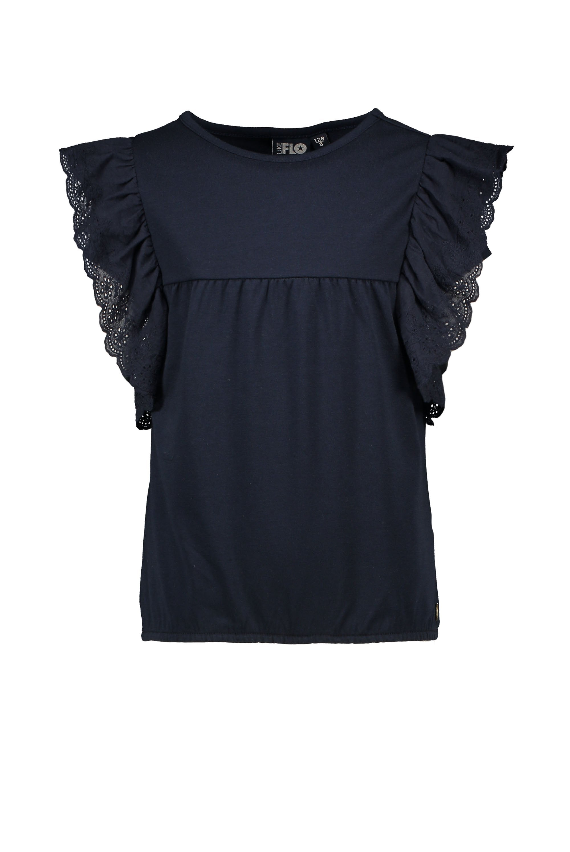 Meisjes Flo girls jersey broidery anglais ruffle top van Like Flo in de kleur Navy in maat 152.