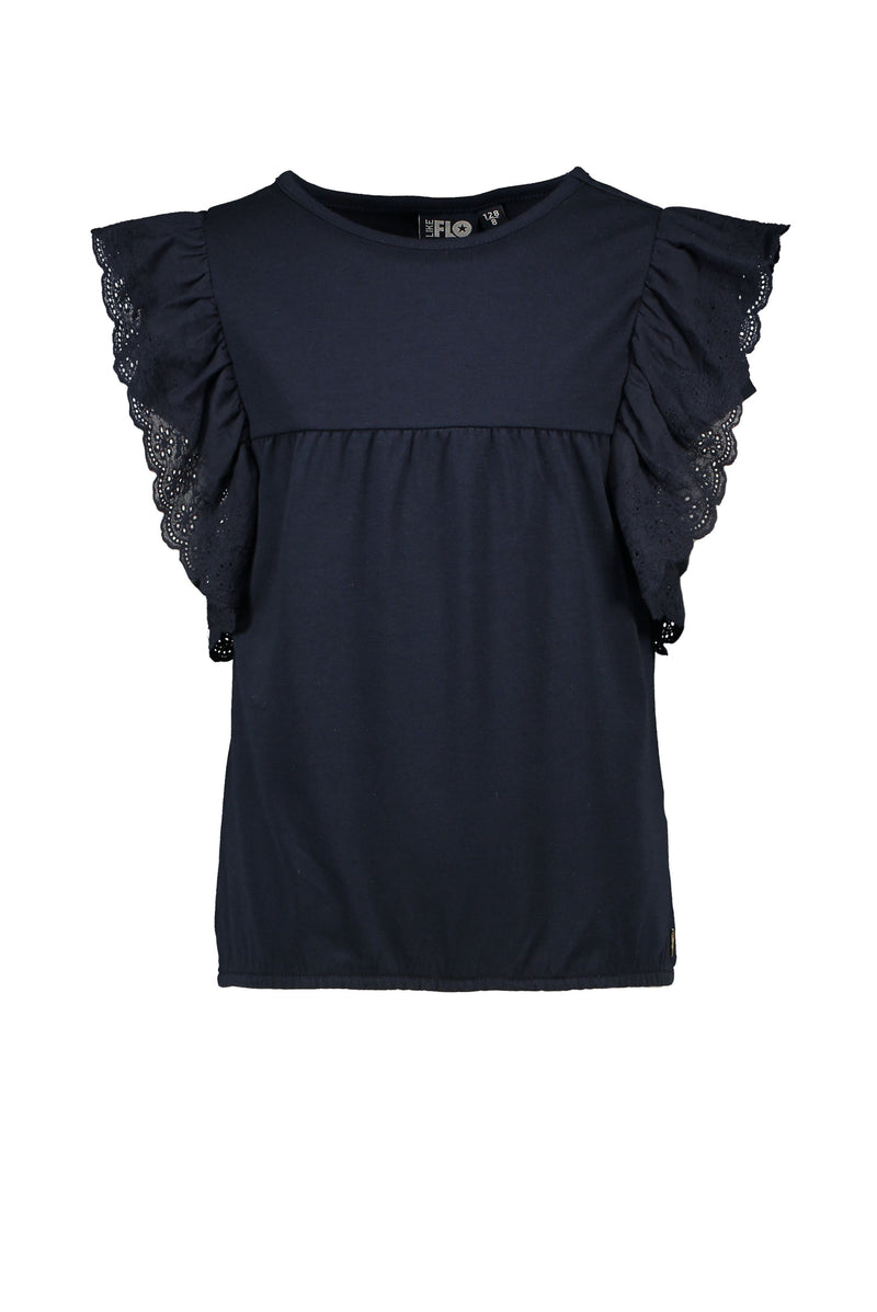 Meisjes Flo girls jersey broidery anglais ruffle top van Like Flo in de kleur Navy in maat 152.
