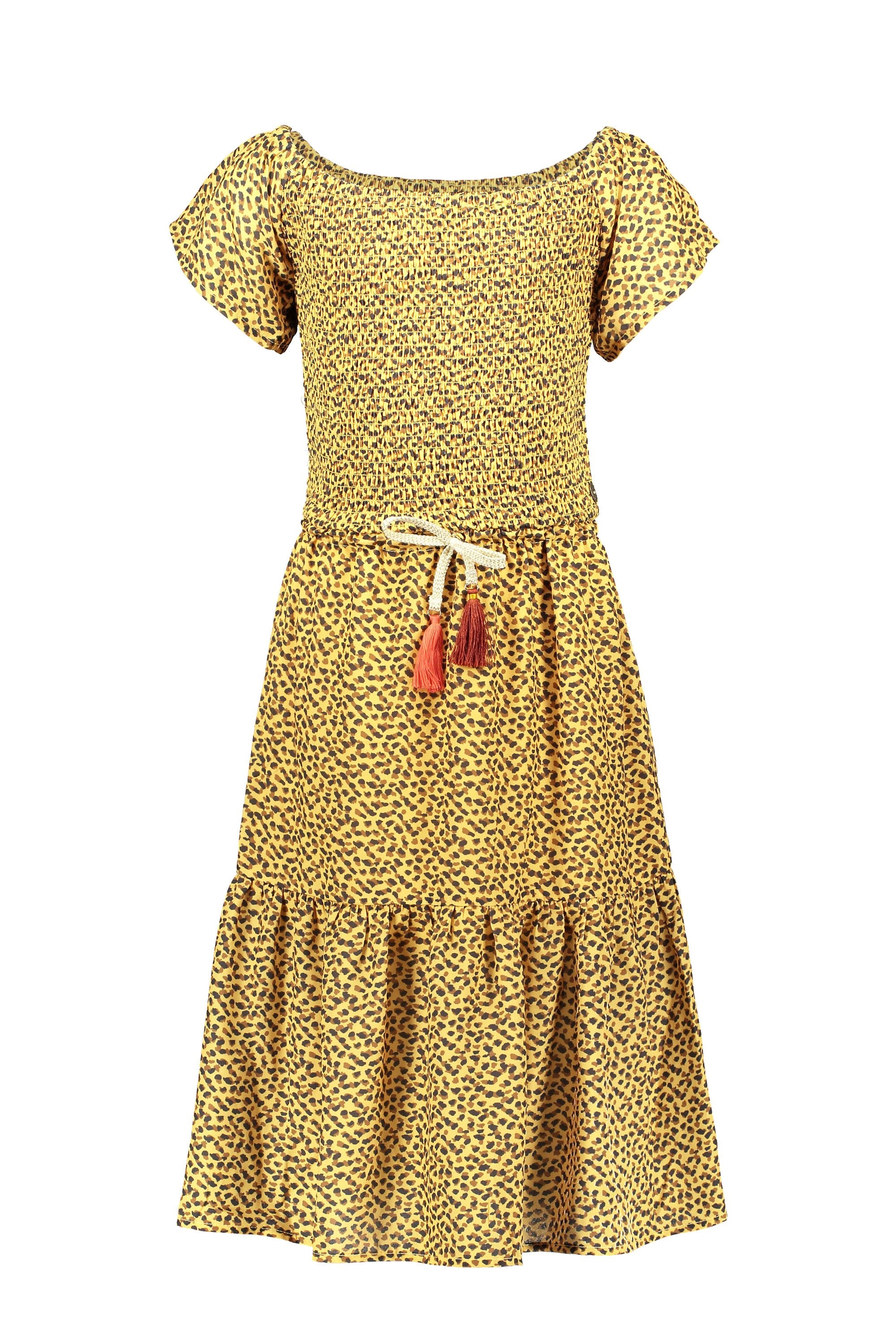 Meisjes Flo girls AO woven smock maxi dress van Like Flo in de kleur Panther in maat 152.