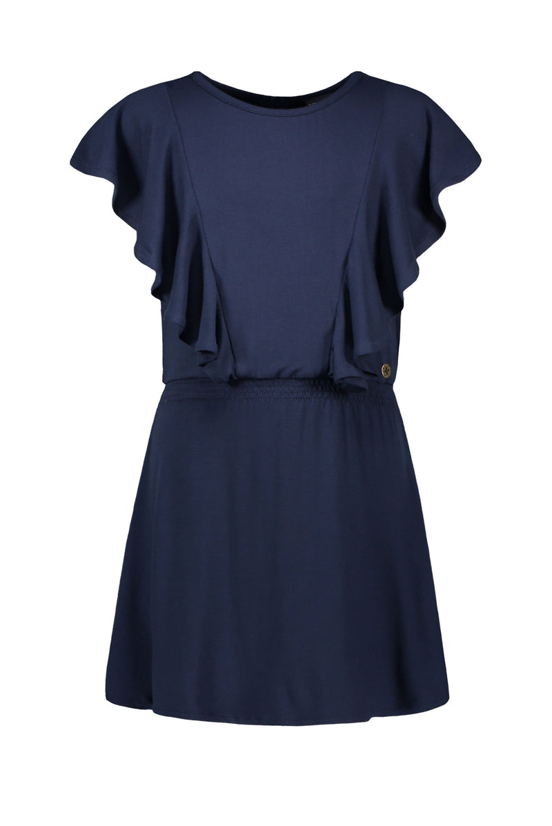 Meisjes Flo girls viscose jersey ruffle smock dress van Like Flo in de kleur Navy in maat 152.