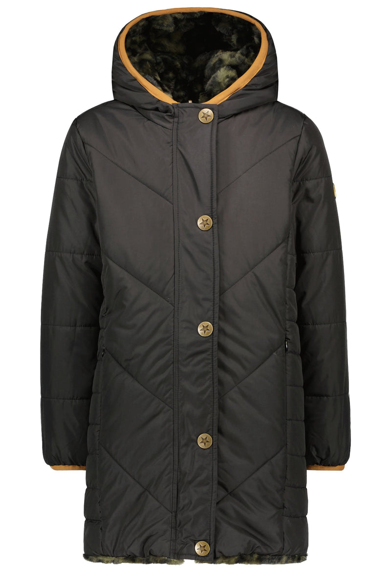 Meisjes Flo girls reversible hooded long jacket van Like Flo in de kleur Army in maat 152.