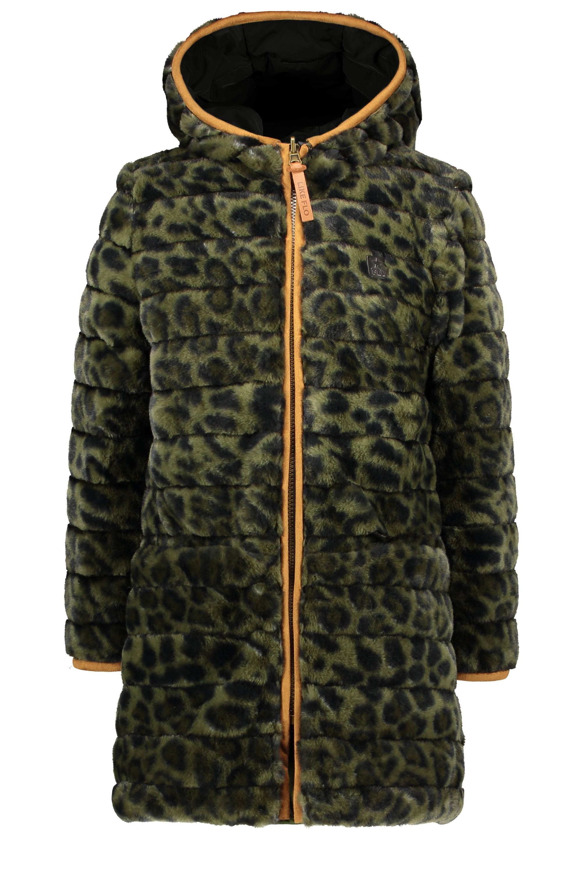 Meisjes Flo girls reversible hooded long jacket van Like Flo in de kleur Army in maat 152.