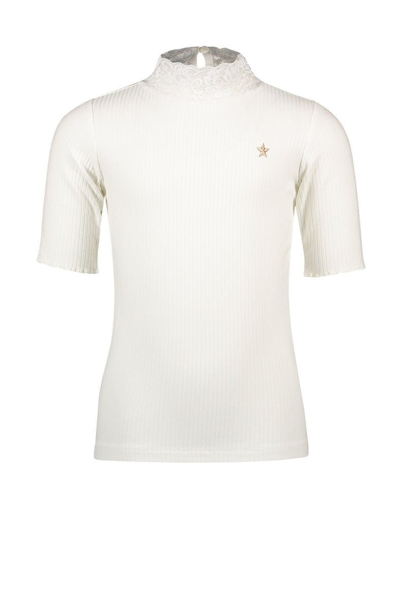 Meisjes Flo solid rib ss turtle neck + lace van Like Flo in de kleur Off white in maat 140.