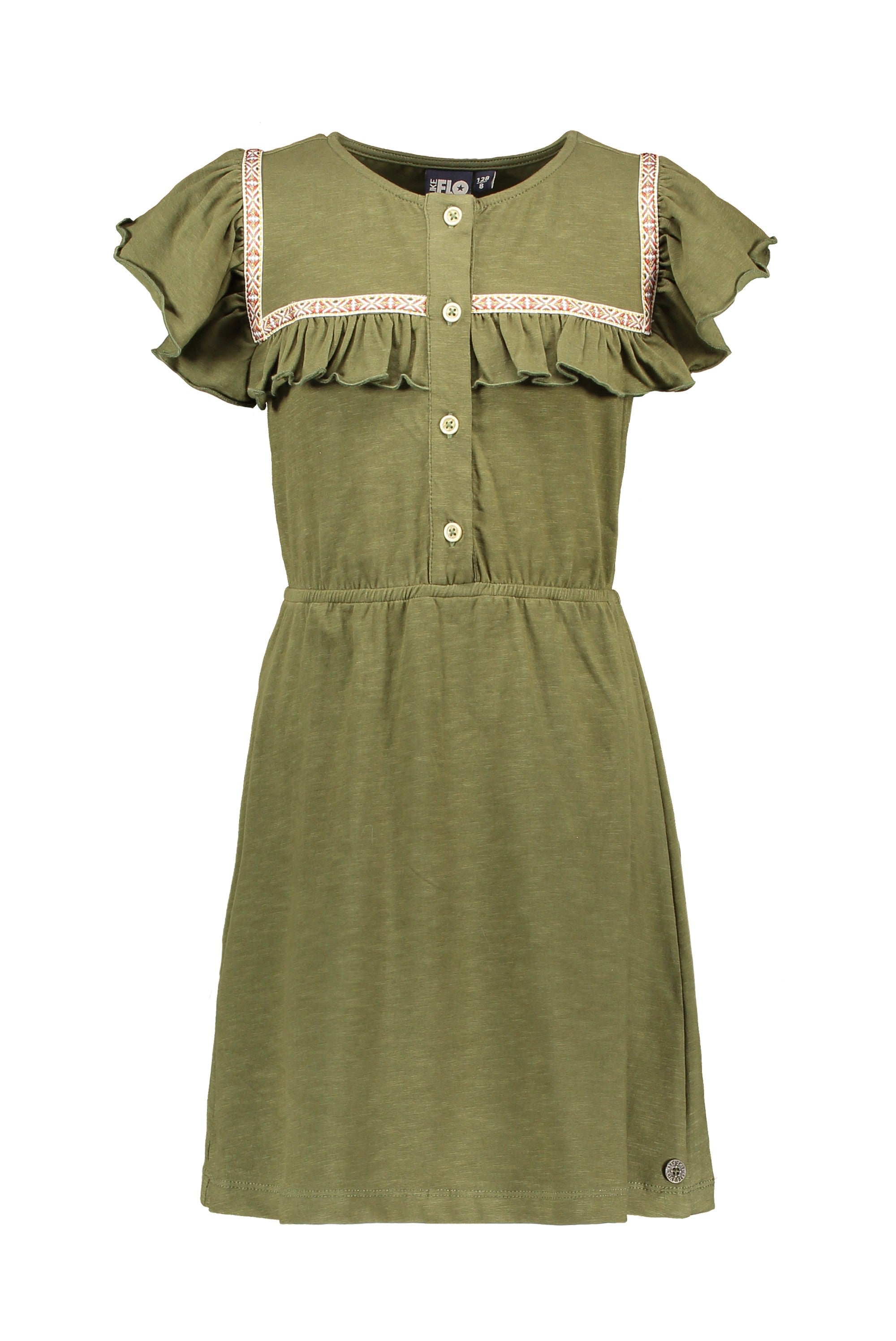 Meisjes Jersey Fancy Ruffle Dress van Like Flo in de kleur Olive in maat 152.