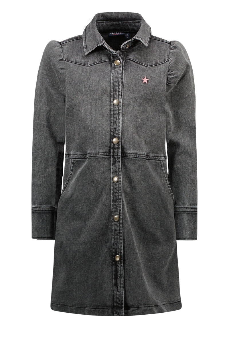 Like Flo Flo girls grey denim dress puffy shoulder