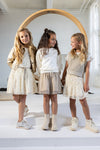 Meisjes Knitted Ajour Spencer van Like Flo in de kleur Taupe in maat 134-140.