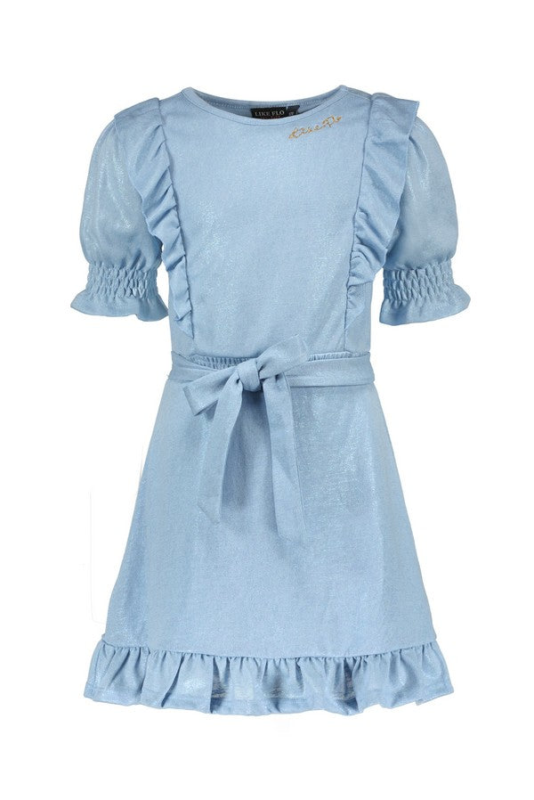 Meisjes Metallic Jersey Ruffle Dress With Belt van Like Flo in de kleur Ice blue in maat 116.