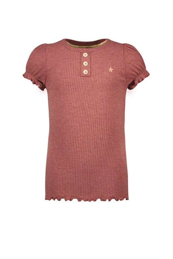 Meisjes Solid Rib Ss Tee With Button Closure van Like Flo in de kleur Plum in maat 140.