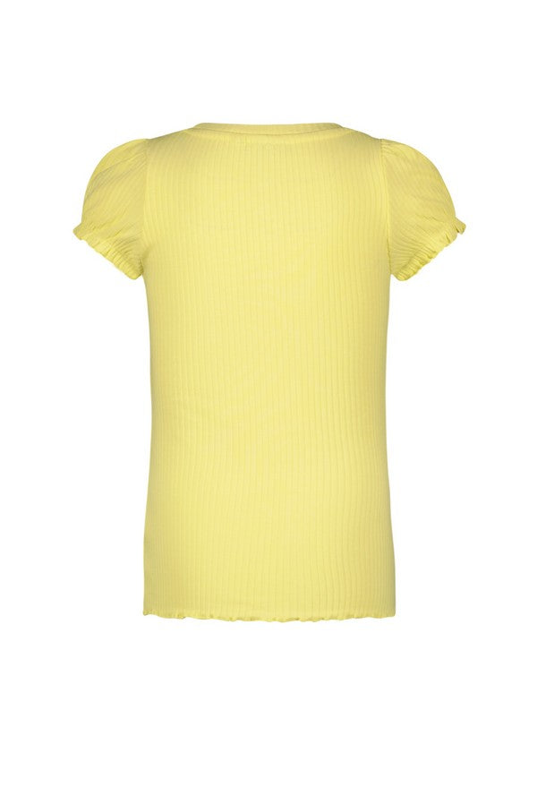 Meisjes Solid Rib Ss Tee With Button Closure van Like Flo in de kleur Soft yellow in maat 140.
