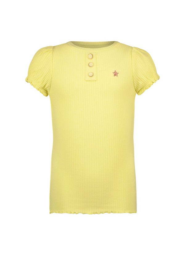 Meisjes Solid Rib Ss Tee With Button Closure van Like Flo in de kleur Soft yellow in maat 140.