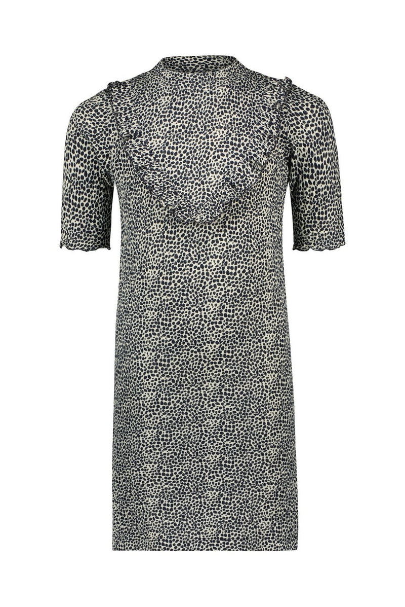 Meisjes Fancy Rib Aop Ruffle Dress van Like Flo in de kleur Navy in maat 140.