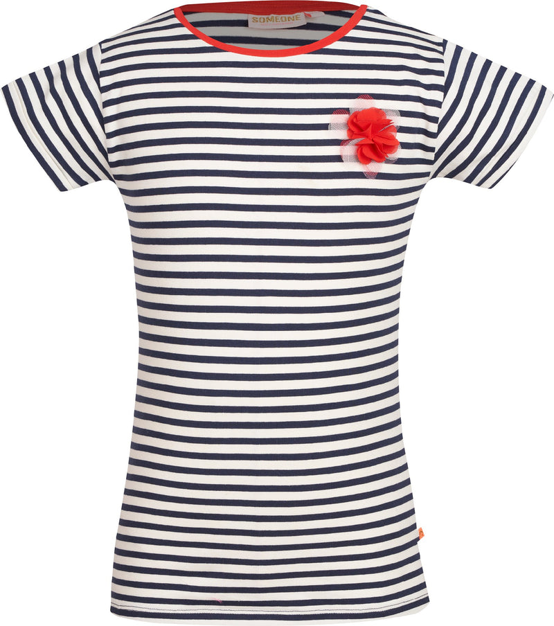 Meisjes T-shirt streep met bloem van Someone in de kleur Navy in maat 140.