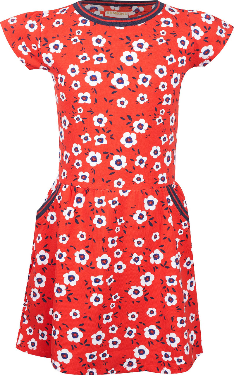 Meisjes Jurk korte mouw AOP Flowers van Someone in de kleur Red in maat 140.