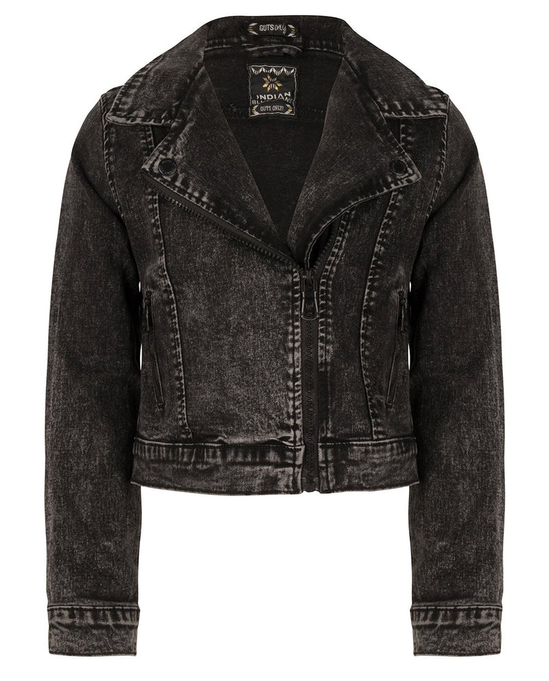 Meisjes BIKER DENIM JACKET van Indian Blue Jeans in de kleur Dark Grey Denim in maat 176.