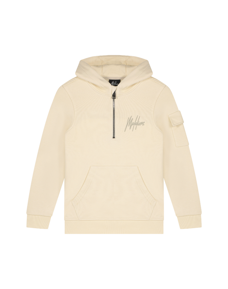 Jongens Junior Half-Zip Hoodie Beige/Taupe van Malelions in de kleur Beige/Taupe in maat 176.