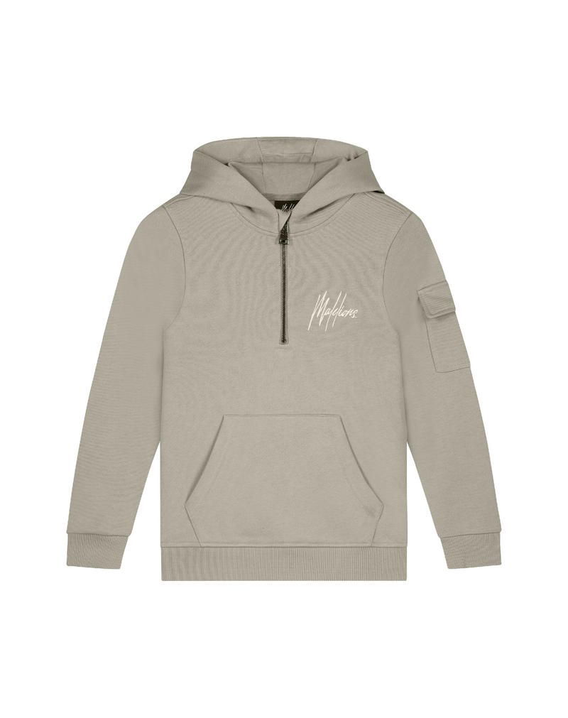 Jongens Junior Half-Zip Hoodie Taupe/Beige van Malelions in de kleur Taupe/Beige in maat 176.