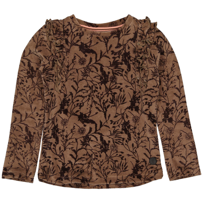 Meisjes Longsleeve BESW222 van Little Levv in de kleur AOP Brown Sesam Leaves in maat 128.