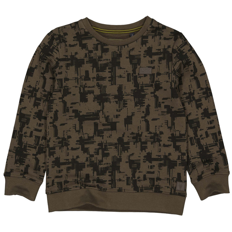 Jongens Sweater BOBW222 van Little Levv in de kleur AOP Green Greyish Grunge in maat 128.