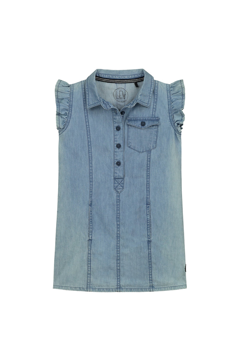 Meisjes Dress van Little Levv in de kleur Blue Chambray in maat 116.