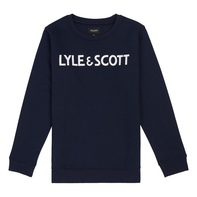 Jongens Lyle & Scott Text BB Crew Sweat Navy Blazer van Lyle & Scott in de kleur Navy Blazer in maat 170-176.