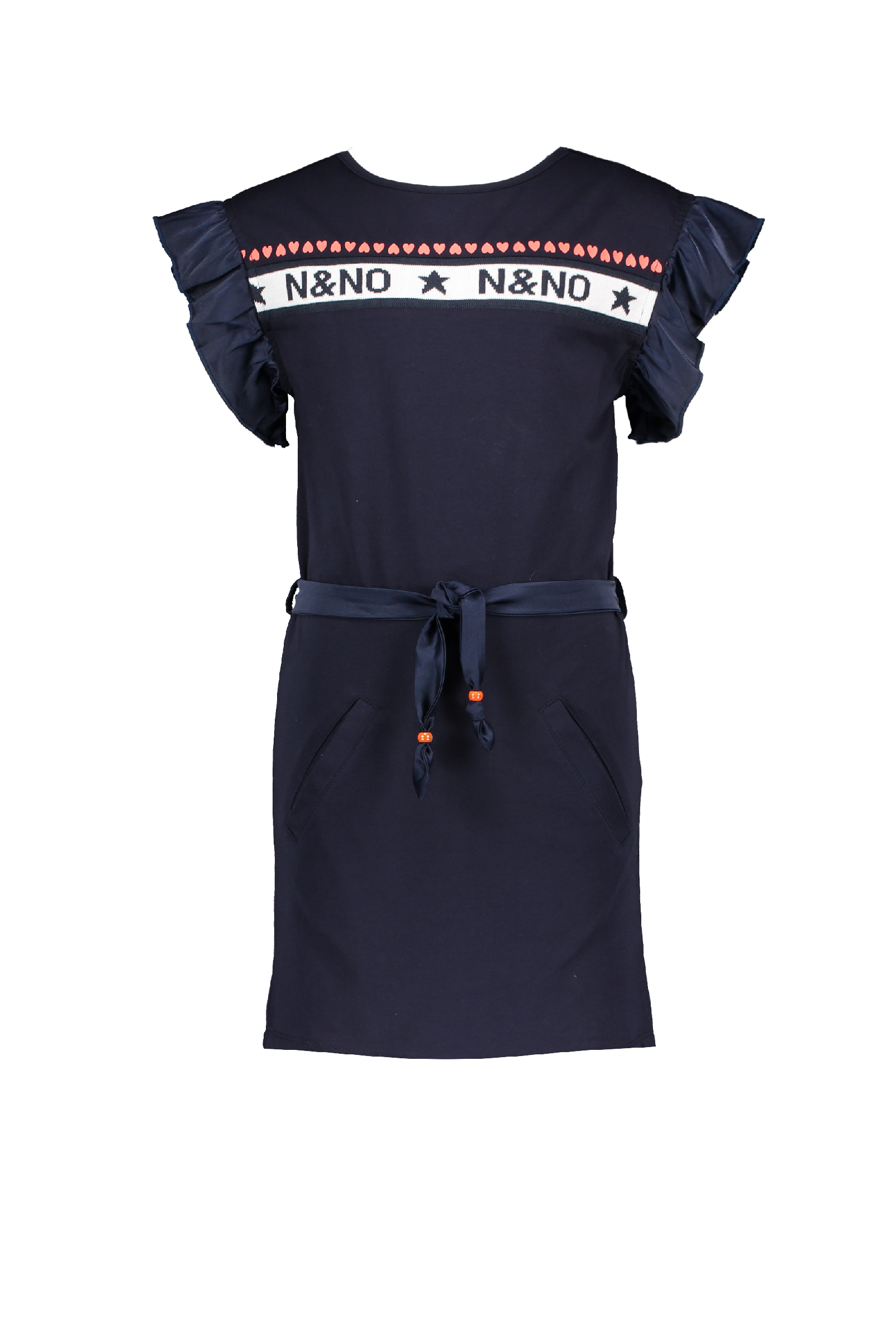 Meisjes Maya ss dress with ruffels and belt van NoNo in de kleur Navy Blazer in maat 146, 152.