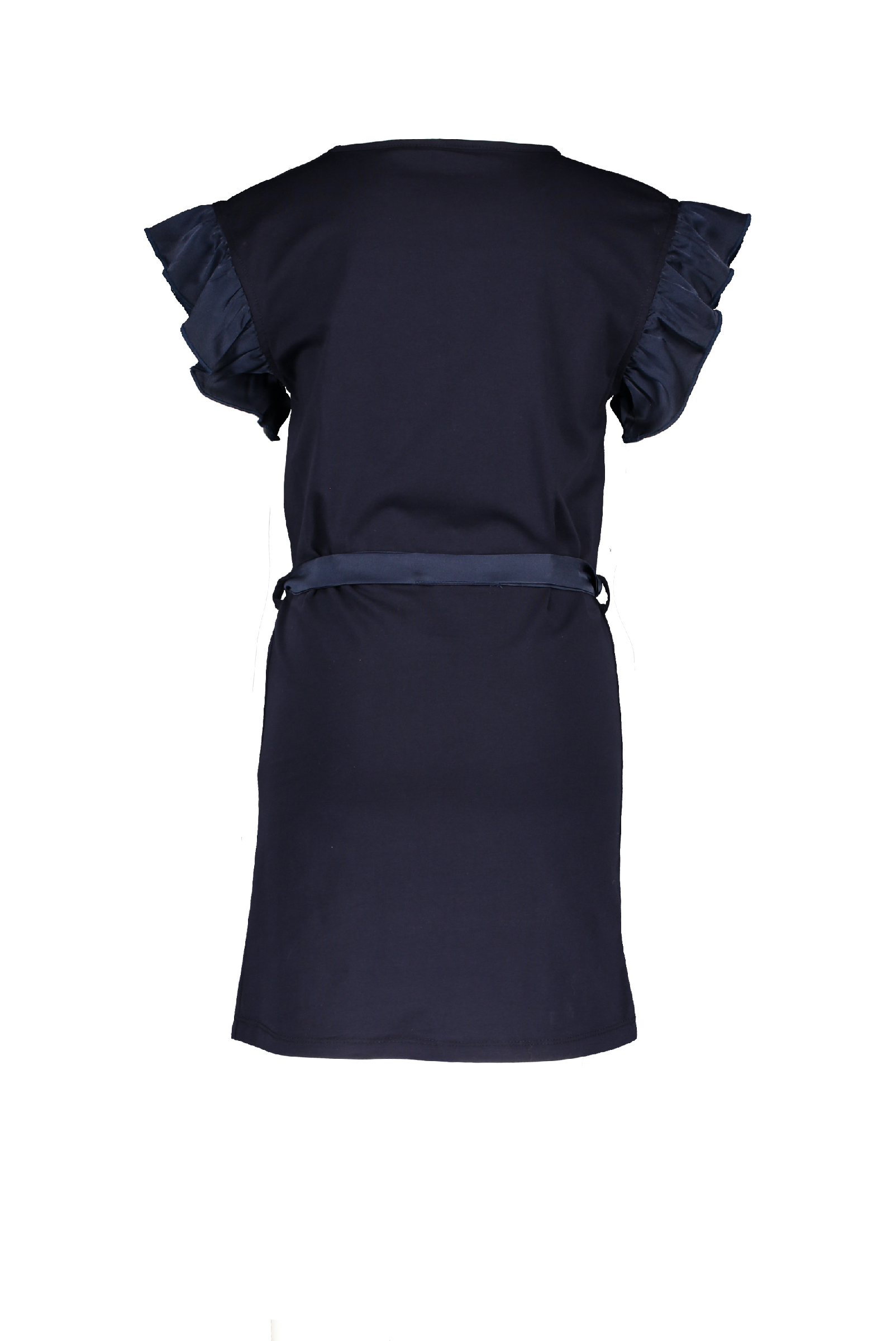 Meisjes Maya ss dress with ruffels and belt van NoNo in de kleur Navy Blazer in maat 146, 152.