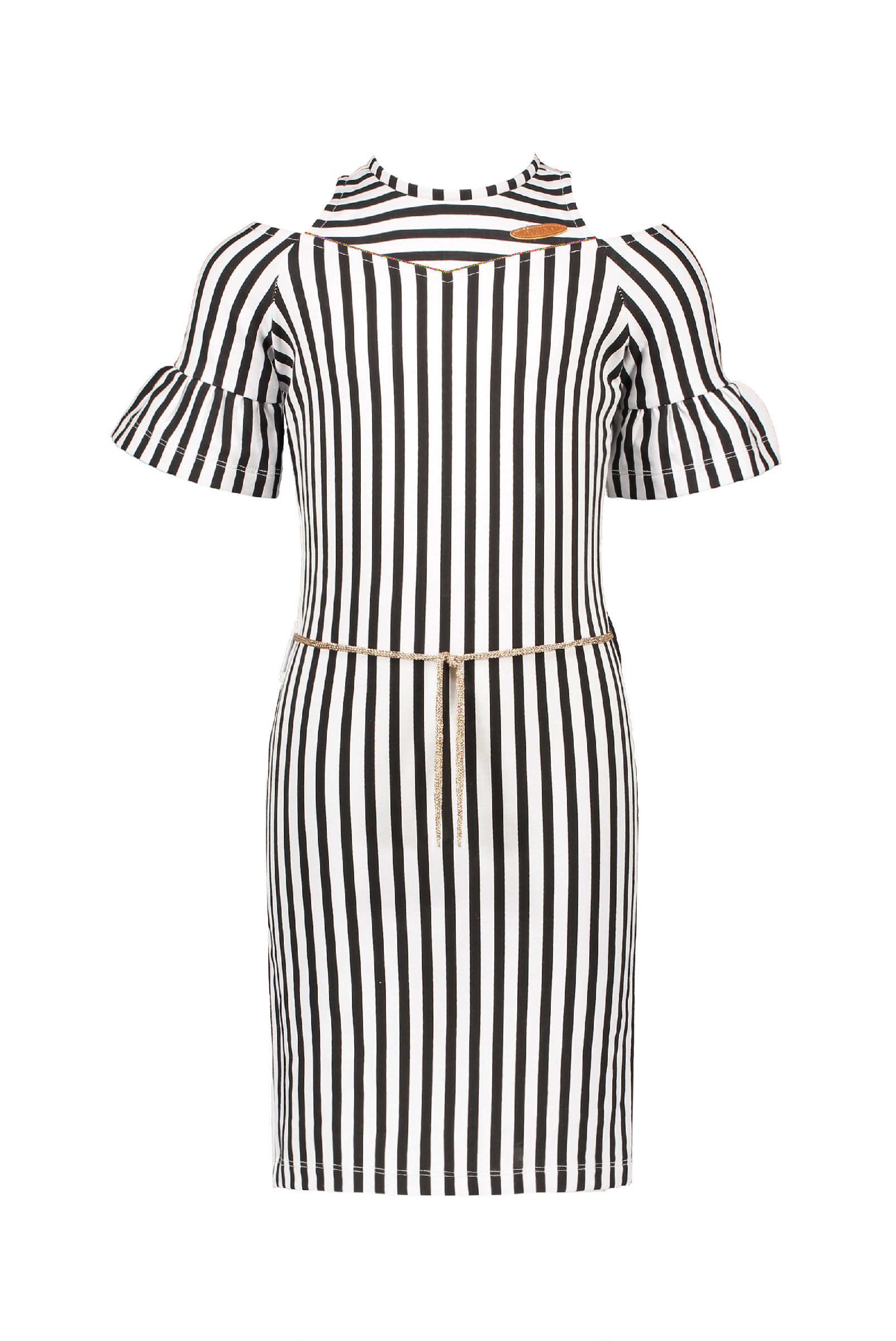 Meisjes Minol Striped cold shldr dress with clock sleeves van NoNo in de kleur Nearly Black in maat 146, 152.
