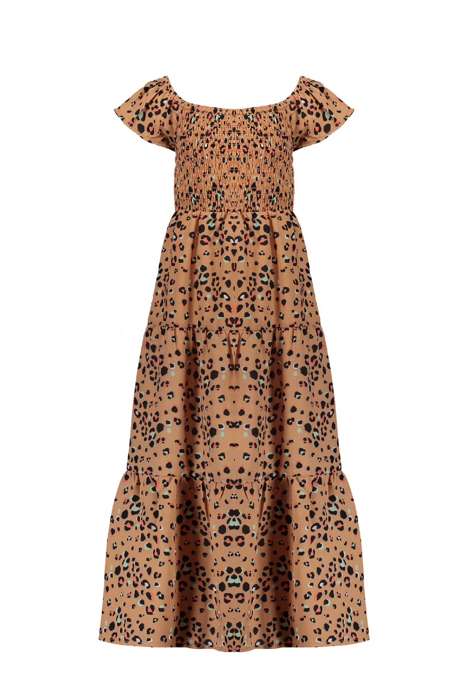 Meisjes Malia AOP multi animal smock long, cold shldr dress van NoNo in de kleur Hazelnut in maat 146, 152.