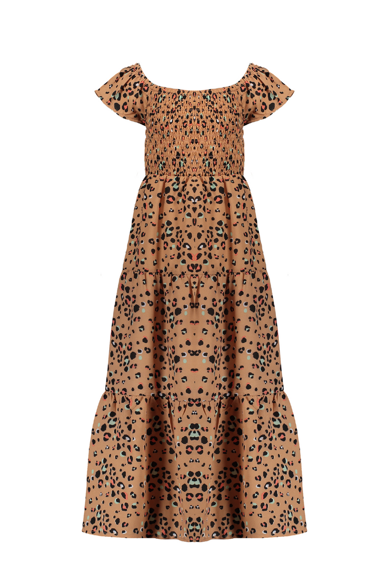 Meisjes Malia AOP multi animal smock long, cold shldr dress van NoNo in de kleur Hazelnut in maat 146, 152.