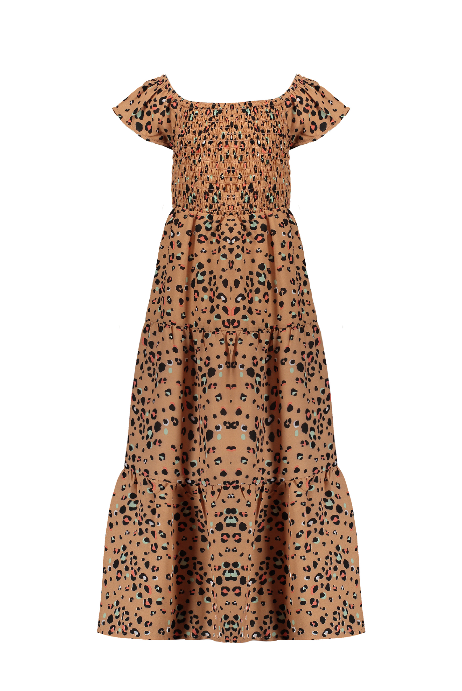 Meisjes Malia AOP multi animal smock long, cold shldr dress van NoNo in de kleur Hazelnut in maat 146, 152.