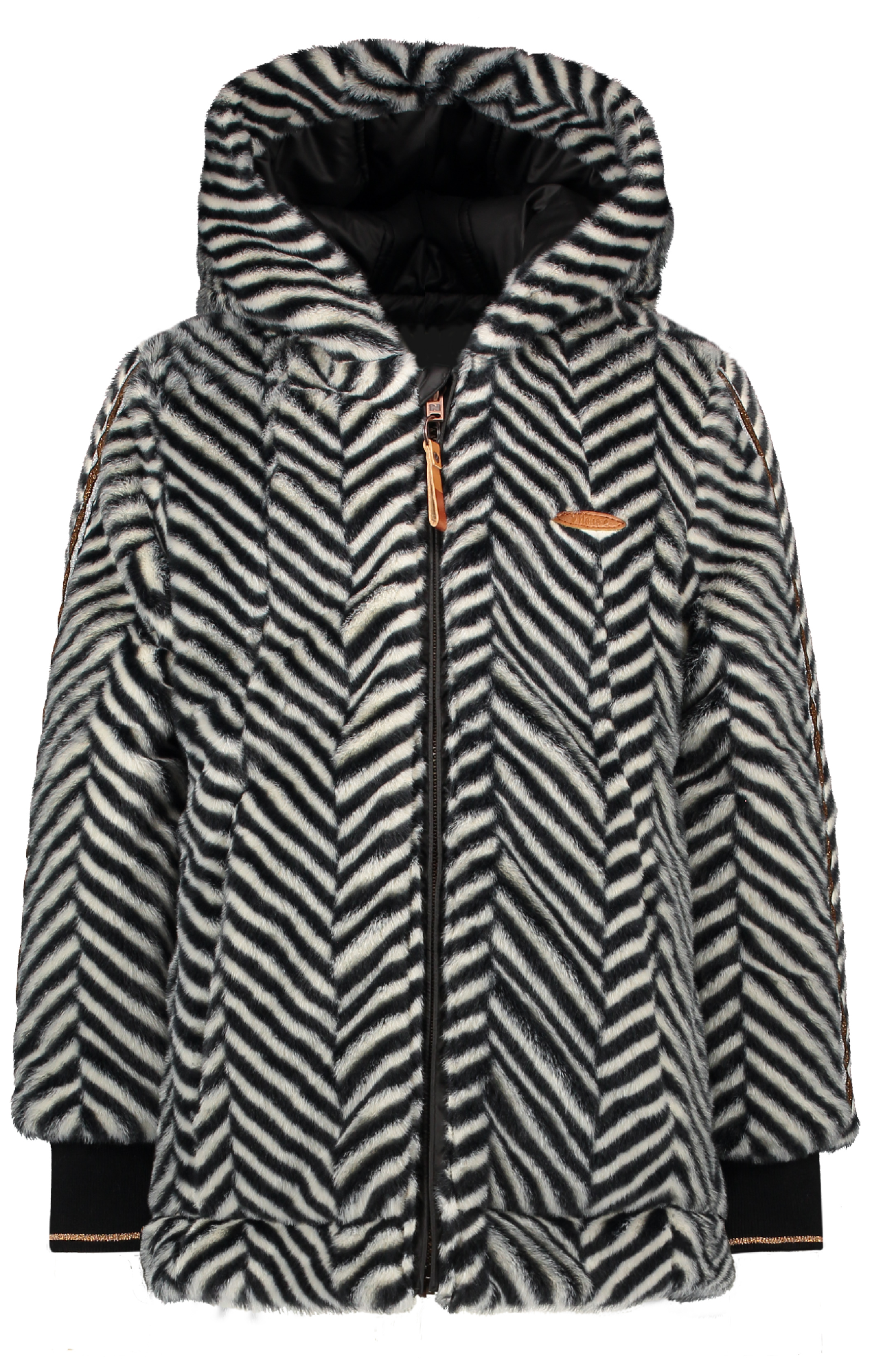 Meisjes Bria Reversible long jacket zigzag fur with hood van NoNo in de kleur Zwart in maat 116.