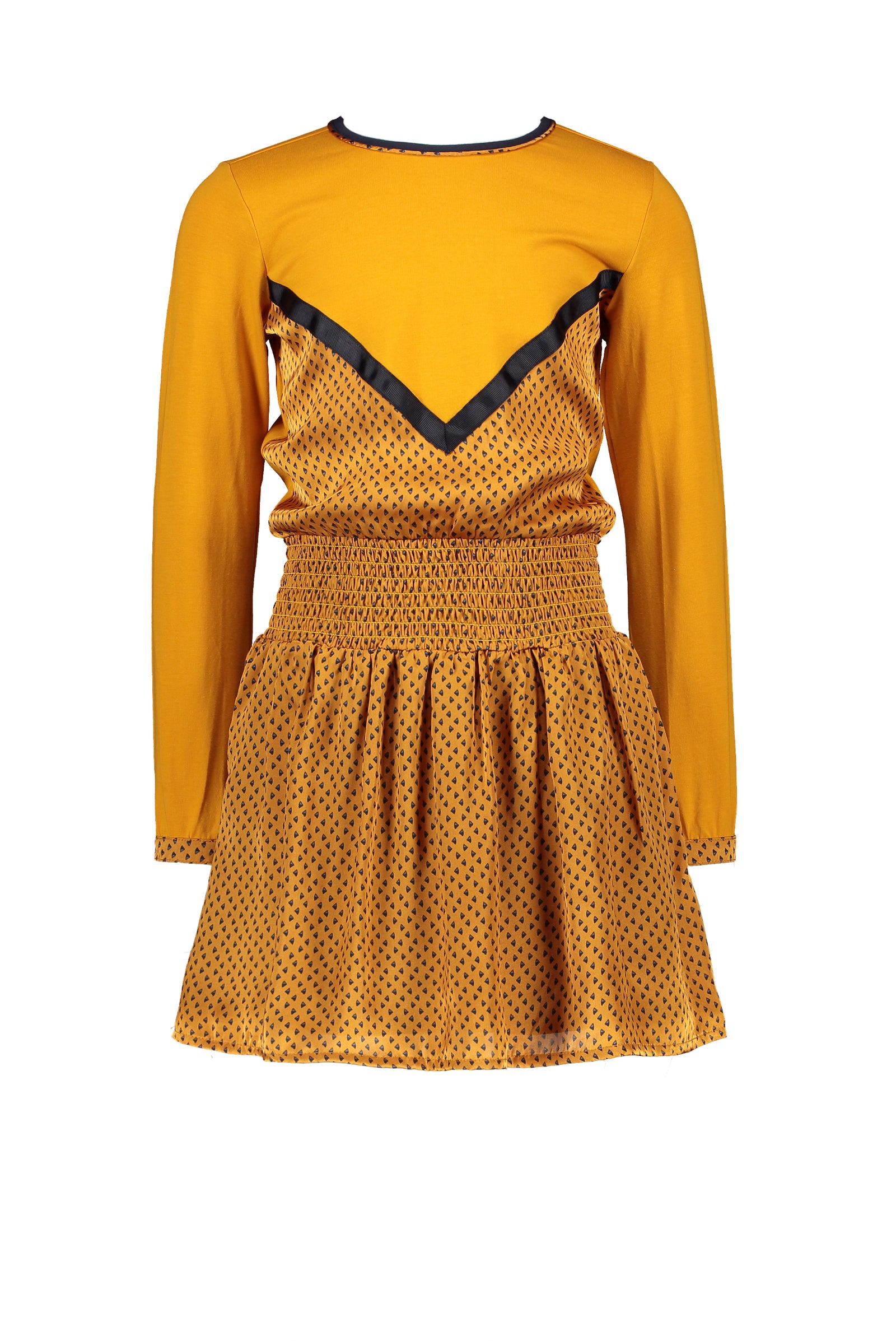 NoNo Mik dress with V at front and triangle satin skirt