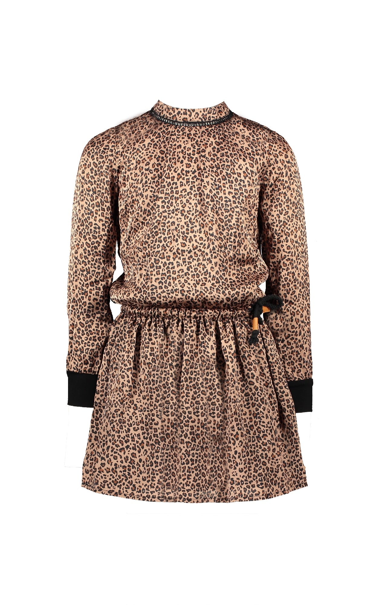 NoNo Minne animal AOP on satin dress with crochet detail at neck+jersey sleeve cuffs