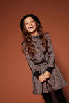 NoNo Minne animal AOP on satin dress with crochet detail at neck+jersey sleeve cuffs