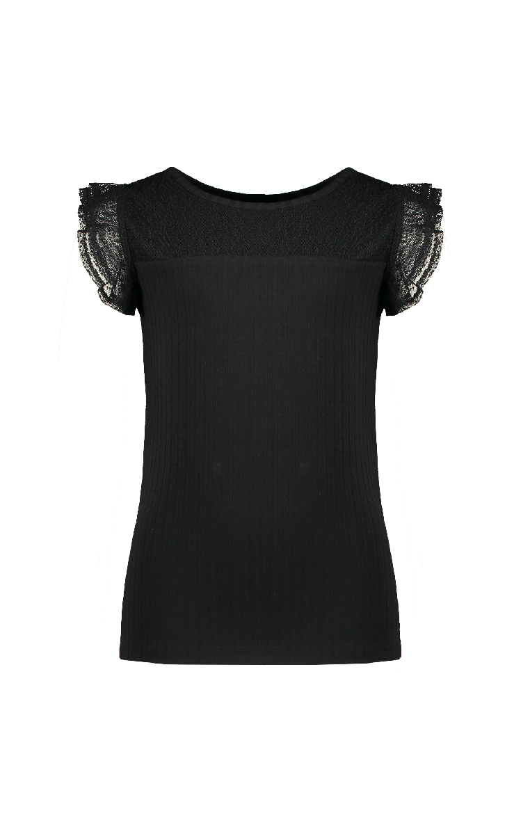 NoNo Kathy rib tshirt with ruffled mesh short sleeves