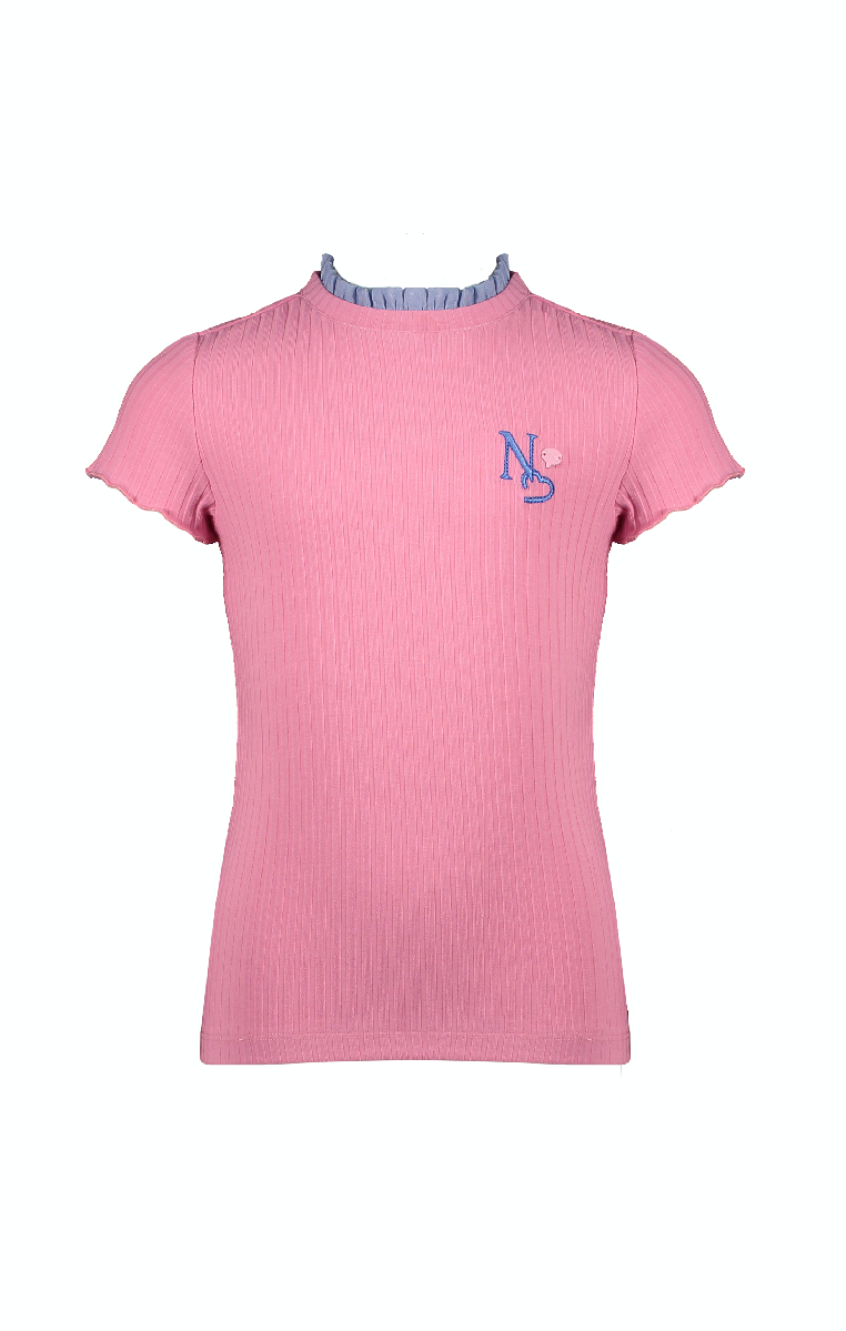 NoNo Kim ss rib jersey tshirt with woven ruffled detail at neck